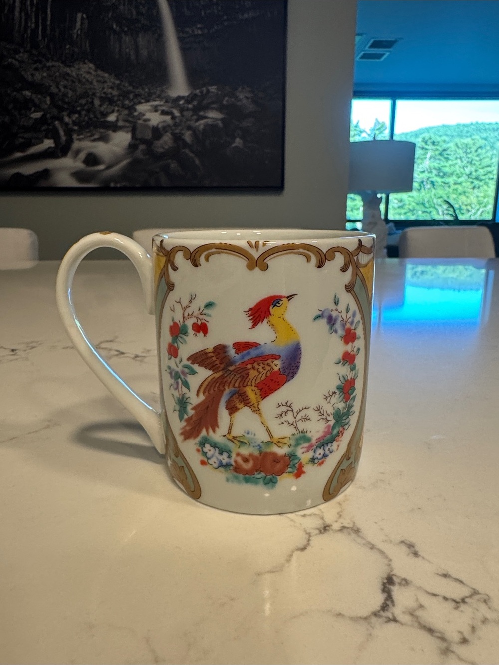 White Ceramic Mug with Multicolor Bird and Gold Accent